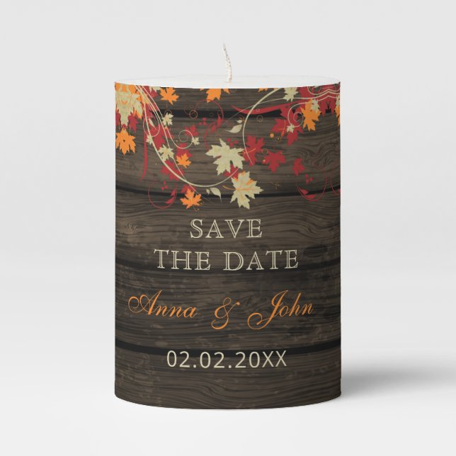 Barn Wood Rustic Orange Fall Leaves Save The Date Pillar Candle (Front)
