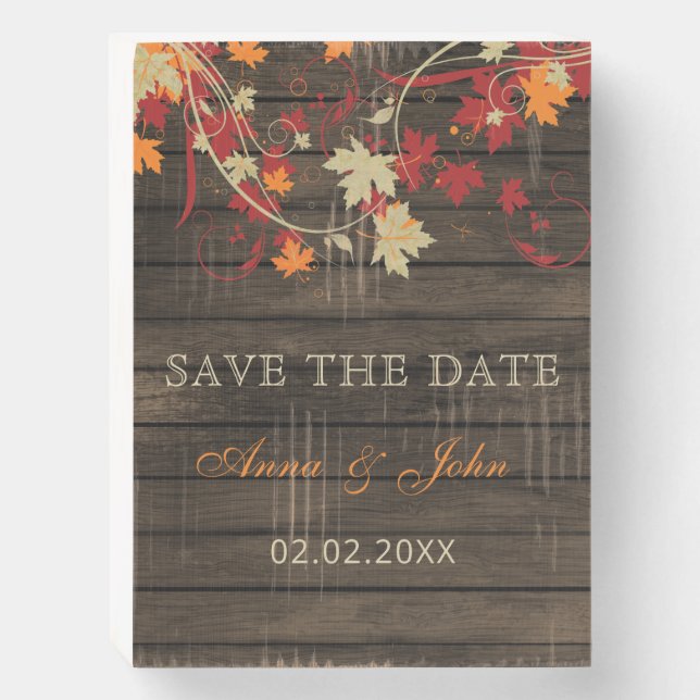 Barn Wood Rustic Orange Fall Leaves Save The Date Wooden Box Sign (Front Vertical)