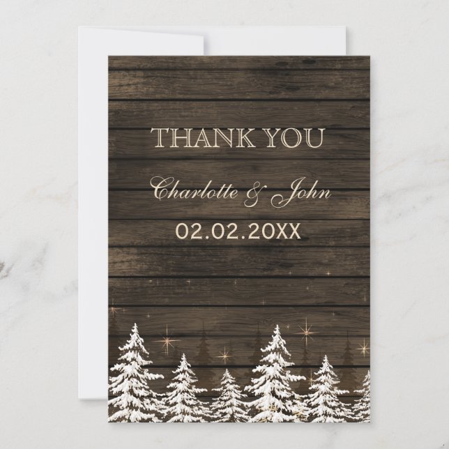 Barn wood Rustic Pine trees, winter Thank You Invitation (Front)