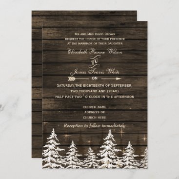 Barn wood Rustic Pine trees Winter Wedding Invitation