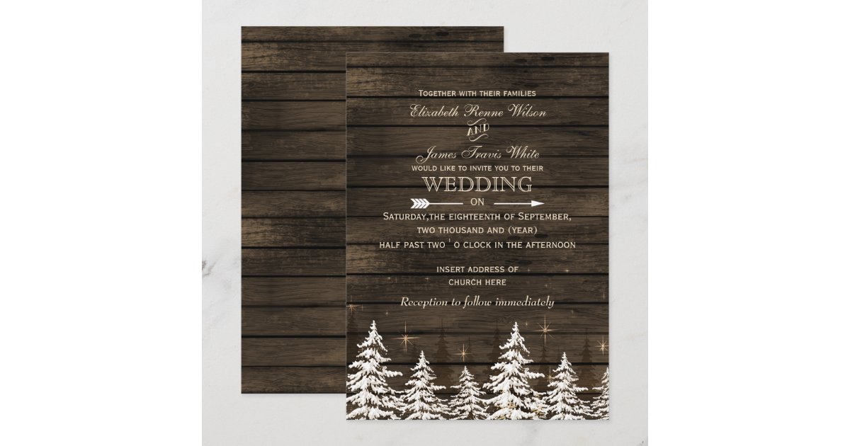 Barn wood Rustic Pine trees winter wedding Invitation | Zazzle