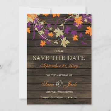 Barn wood Rustic plum fall leaves save the date
