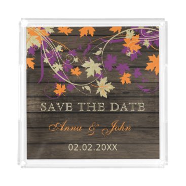 Barn Wood Rustic Plum Fall Leaves Save The Date Acrylic Tray