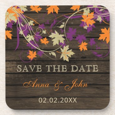 Barn Wood Rustic Plum Fall Leaves Save The Date Beverage Coaster