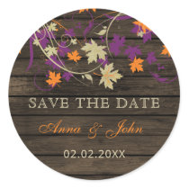 Barn Wood Rustic Plum Fall Leaves Save The Date Classic Round Sticker