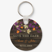 Barn Wood Rustic Plum Fall Leaves Save The Date Keychain