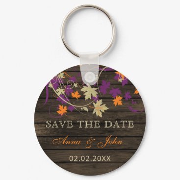 Barn Wood Rustic Plum Fall Leaves Save The Date Keychain