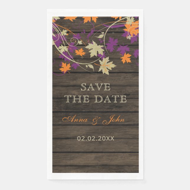 Barn Wood Rustic Plum Fall Leaves Save The Date Paper Guest Towels (Front)
