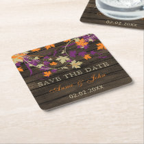 Barn Wood Rustic Plum Fall Leaves Save The Date Square Paper Coaster