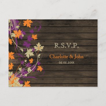 Barn wood Rustic plum fall leaves wedding RSVP Invitation Postcard