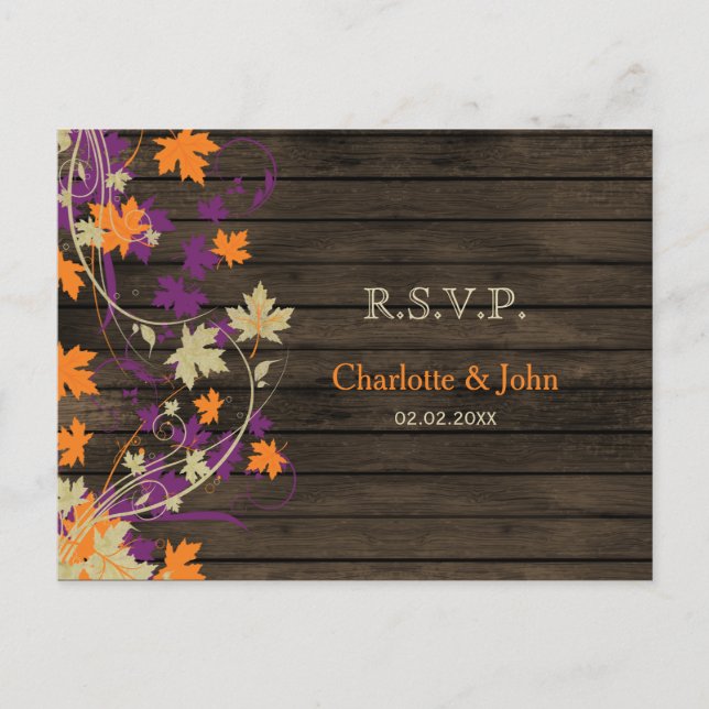 Barn wood Rustic plum fall leaves wedding RSVP Invitation Postcard (Front)