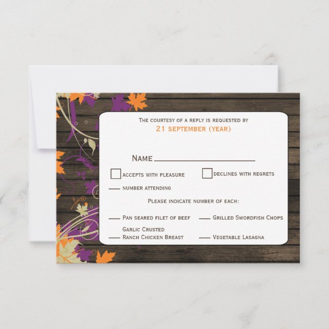 Barn wood Rustic plum leaves fall wedding RSVP (Front)
