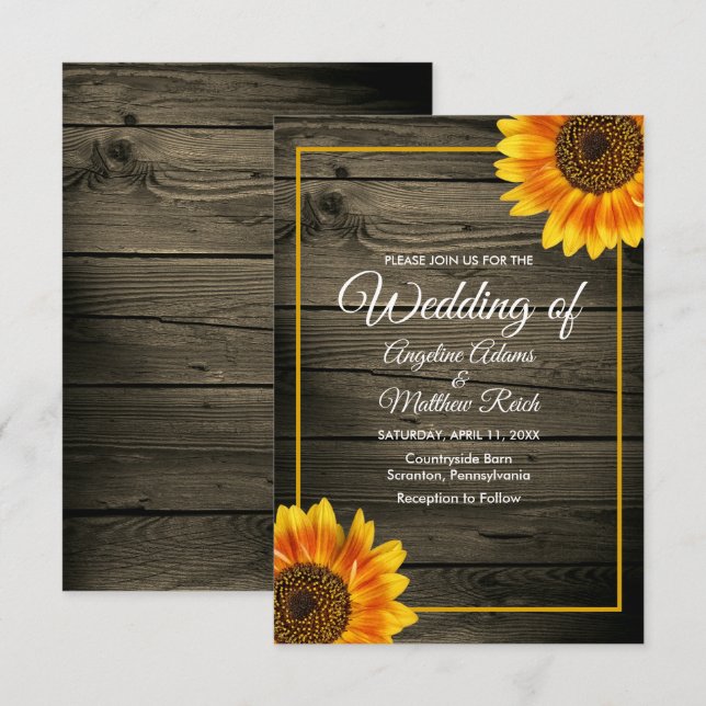 Barn Wood + Rustic Sunflower Wedding Invitation (Front/Back)