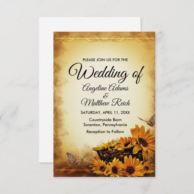 Barn Wood + Rustic Sunflower Wedding Invitation (Front/Back)