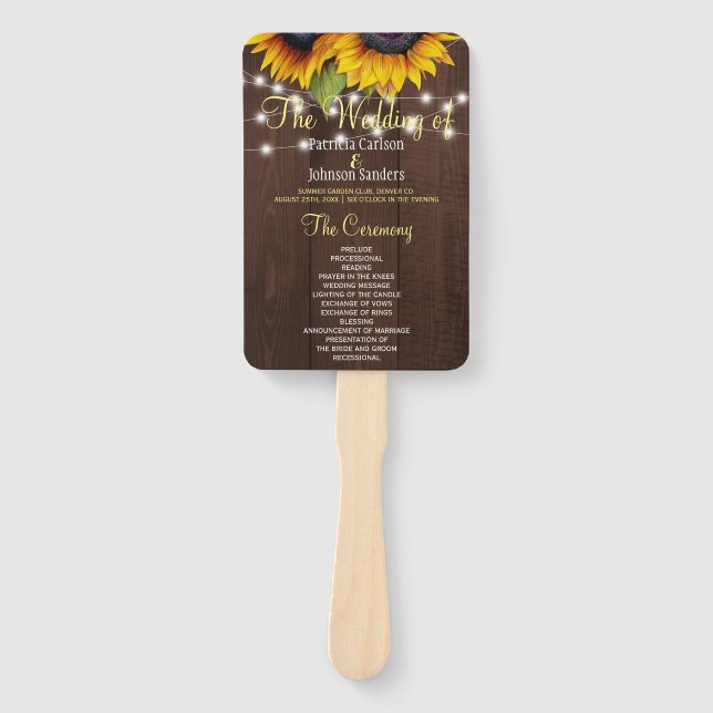 Barn wood rustic sunflowers chic wedding program hand fan (Front)