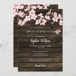 Barn Wood Sakura Pink Cherry Blossoms sweet 16 Invitation