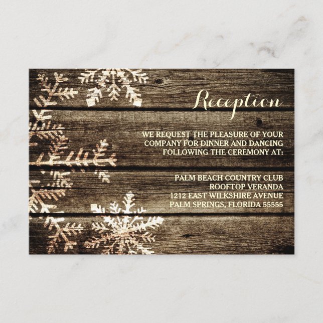 Barn Wood Snowflakes Rustic Winter Reception Card (Front)