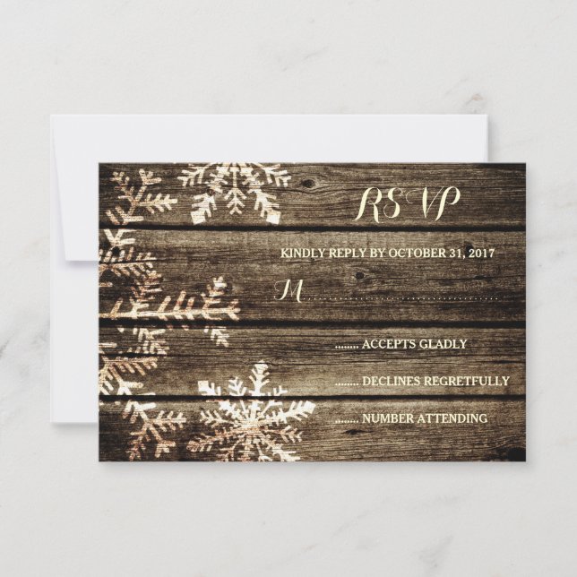 Barn Wood Snowflakes Rustic Winter Wedding RSVP Card (Front)