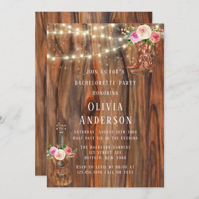 Barn Wood Sting of Lights Boots Bachelorette Party Invitation (Front/Back)