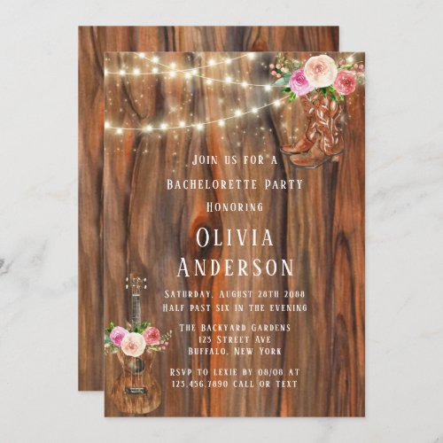 Barn Wood Sting of Lights Boots Bachelorette Party Invitation