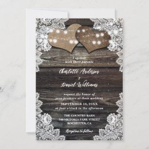 Barn Wood String Lights Burlap Hearts Wedding Invitation