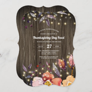 Barn Wood String Lights Floral Thanksgiving Feast Invitation