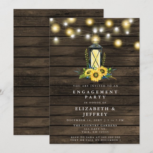 Barn Wood String Lights Sunflower Engagement Party Invitation (Front/Back)