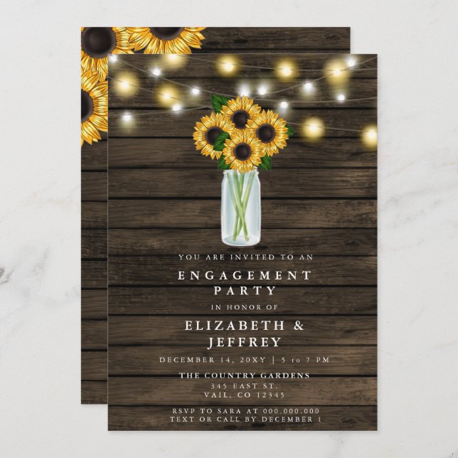 Barn Wood String Lights Sunflower Engagement Party Invitation (Front/Back)