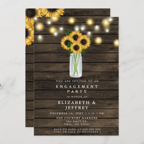 Barn Wood String Lights Sunflower Engagement Party Invitation