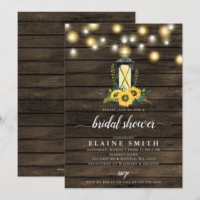 Barn Wood String Lights Sunflowers Bridal Shower  Invitation (Front/Back)