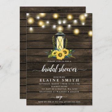 Barn Wood String Lights Sunflowers Bridal Shower  Invitation