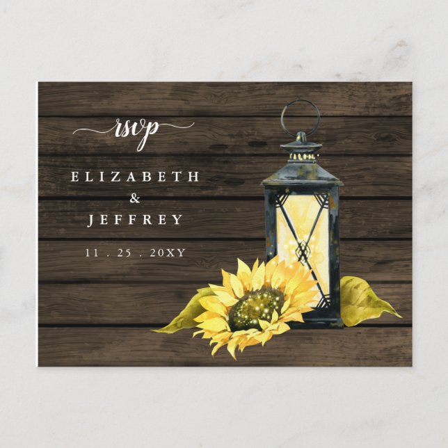 Barn Wood String Lights Sunflowers Lantern RSVP Invitation Postcard (Front)