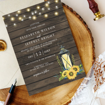 Barn Wood String Lights Sunflowers Lantern Wedding Invitation by blessedwedding at Zazzle
