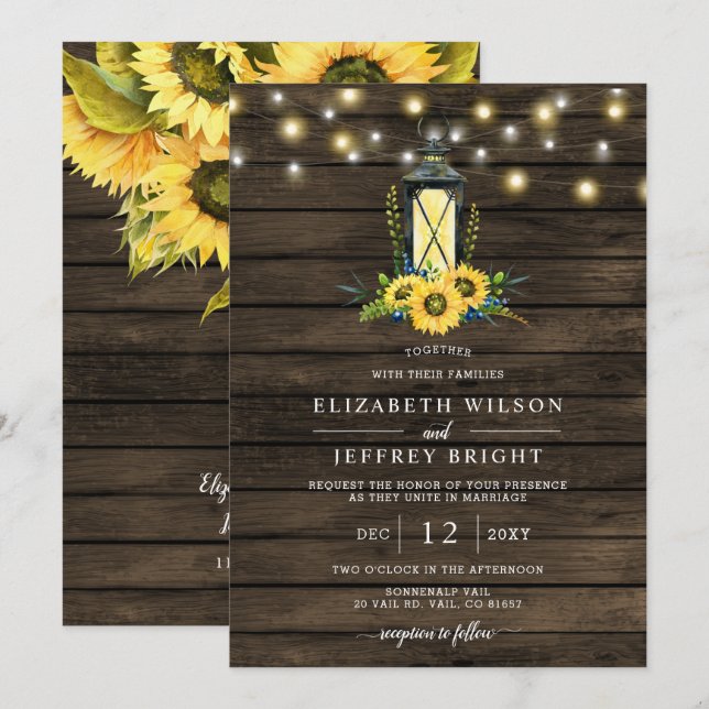 Barn Wood String Lights Sunflowers Lantern Wedding Invitation (Front/Back)