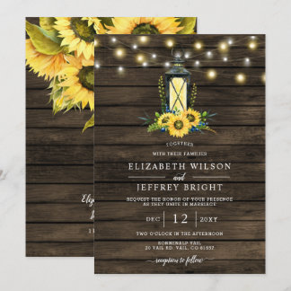 Barn Wood String Lights Sunflowers Lantern Wedding Invitation