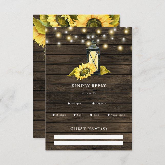 Barn Wood String Lights Sunflowers Lantern Wedding RSVP Card (Front/Back)