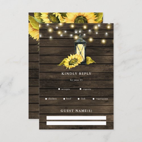 Barn Wood String Lights Sunflowers Lantern Wedding RSVP Card