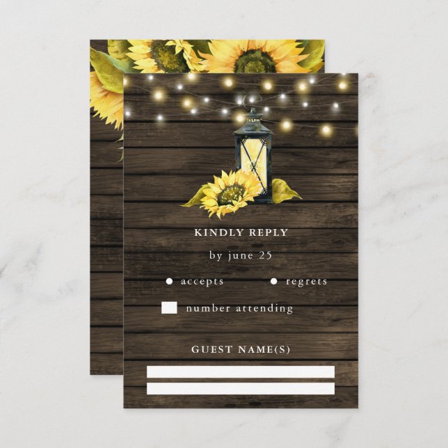 Barn Wood String Lights Sunflowers Lantern Wedding RSVP Card (Front/Back)