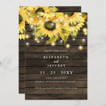 Barn Wood String Lights Sunflowers Save the Date A Announcement