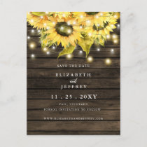 Barn Wood String Lights Sunflowers Save The Date   Announcement Postcard