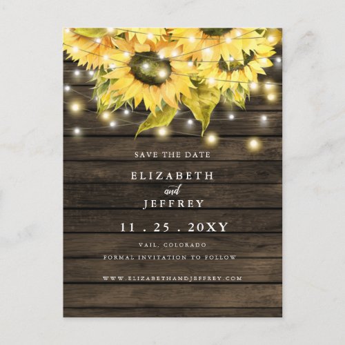 Barn Wood String Lights Sunflowers Save The Date   Announcement Postcard