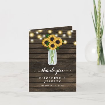 Barn Wood String Lights Sunflowers Thank You Card