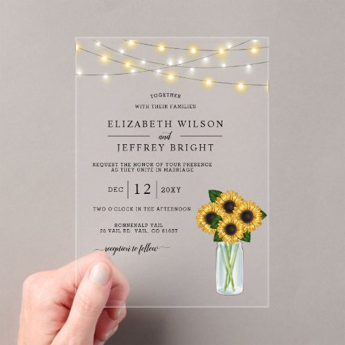 Barn Wood String Lights Sunflowers Wedding Acrylic Invitations