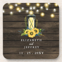 Barn Wood String Lights Sunflowers Wedding   Beverage Coaster