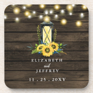 Barn Wood String Lights Sunflowers Wedding Beverage Coaster