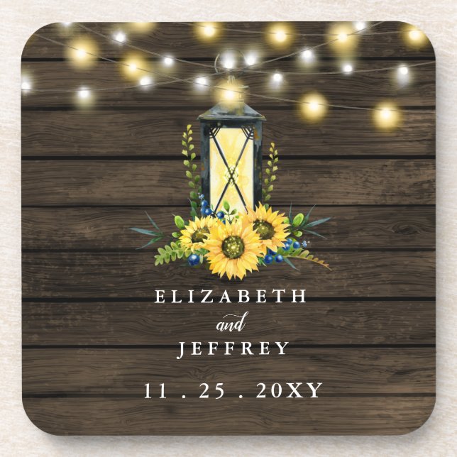 Barn Wood String Lights Sunflowers Wedding   Beverage Coaster (Front)