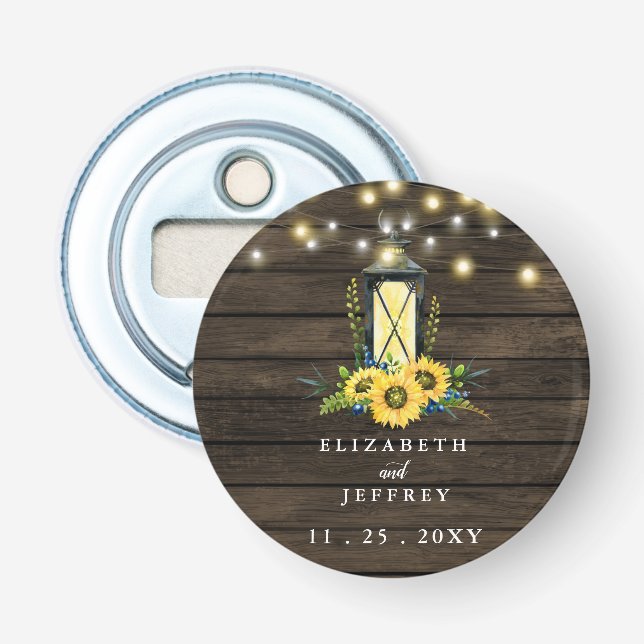Barn Wood String Lights Sunflowers Wedding   Bottle Opener (Front)