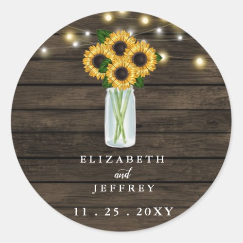Barn Wood String Lights Sunflowers Wedding  Classic Round Sticker