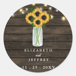 Barn Wood String Lights Sunflowers Wedding Classic Round Sticker