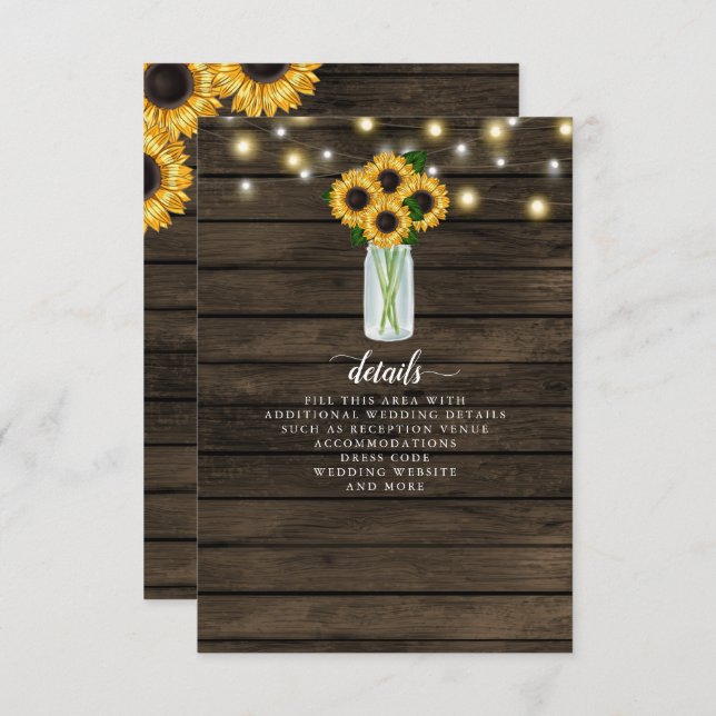 Barn Wood String Lights Sunflowers Wedding  Enclosure Card (Front/Back)